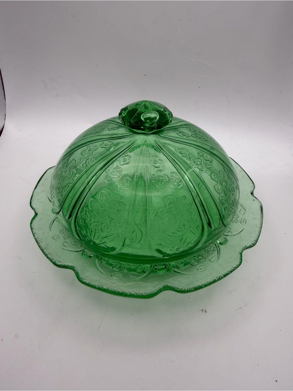 Vintage Mid -century Modern Green Pressed Glass Covered Butter Dish